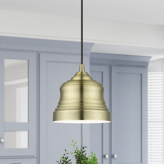Endicott 1-Light Antique Brass Mini Bell Pendant, Shiny White Inside