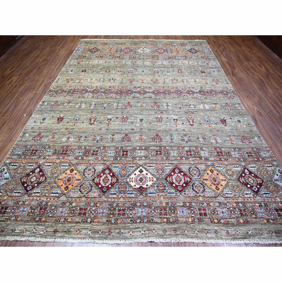 Sage Gray Afghan Super Kazak Hand Knotted Shiny Wool Oriental Rug, 8'6"x11'8"