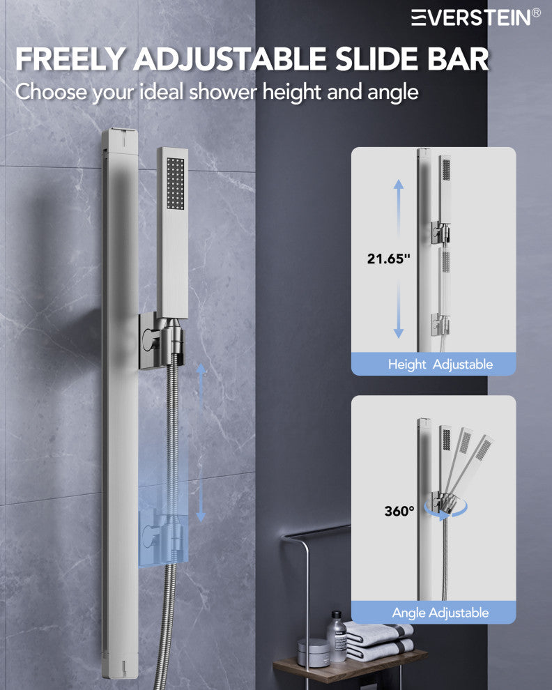 LED Thermostatic Shower System Rain Shower Head With 6 Body Jets, Brushed Nickel, 23"x15", Slide Bar