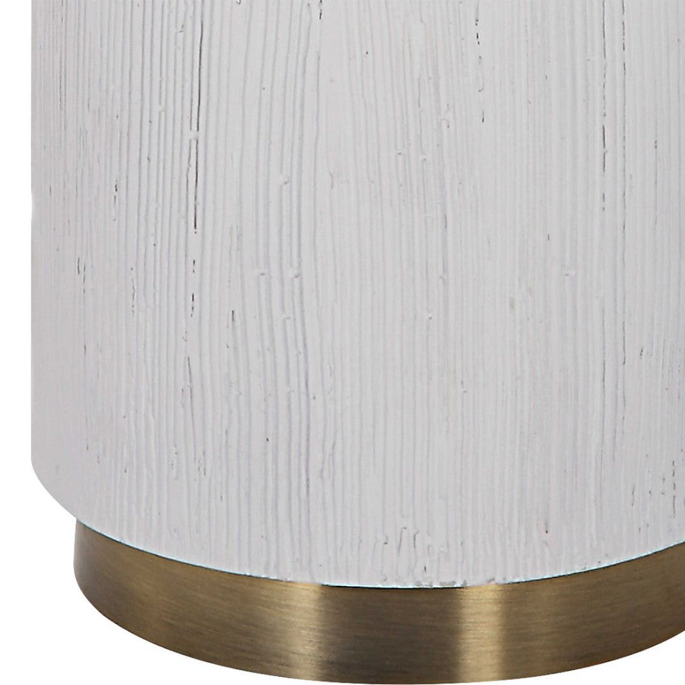 Textured White Faux Wood Column Table Lamp Cylinder Brass Gold MidCentury Modern