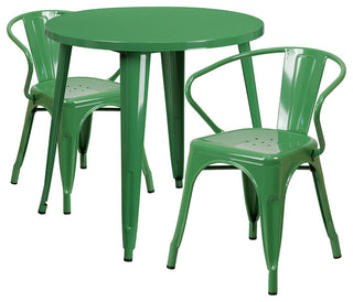 Commercial Grade 30" Round Green Metal Indoor-Outdoor Table Set, 2 Arm Chairs