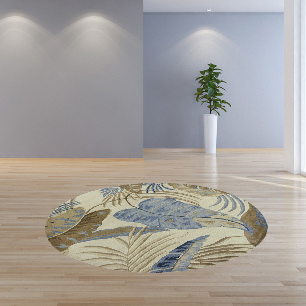 HomeRoots 8' Ivory Blue Hand Tufted Tropical Leaves Round Indoor Area Rug