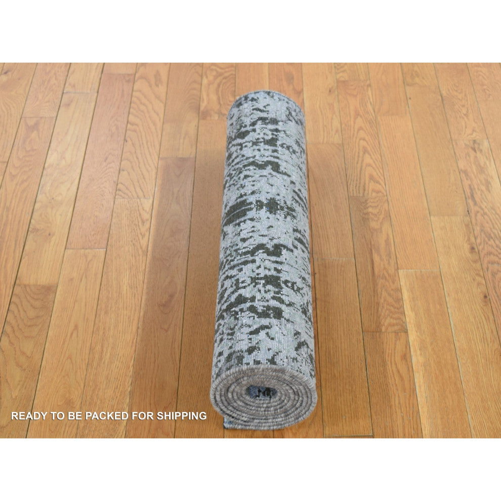 Gray Silk With Wool Hand Knotted Erased and Broken Design Runner Rug 2'6"x10'