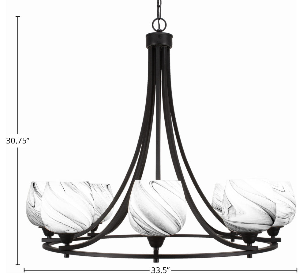 Paramount Uplight 8-Light Chandelier, Matte Black, 6" Onyx Swirl Glass