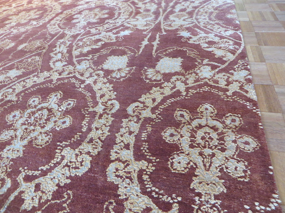 8"x10" Hand-Knotted Brown Wool and Silk Modern Oriental Rug