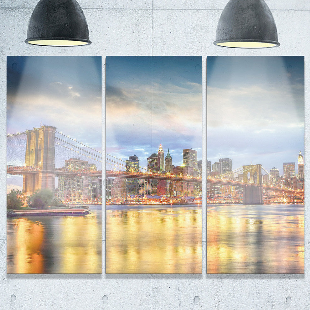 "Brooklyn Bridge With Night Illumination" Metal Wall Art, 3 Panels, 36"x28"