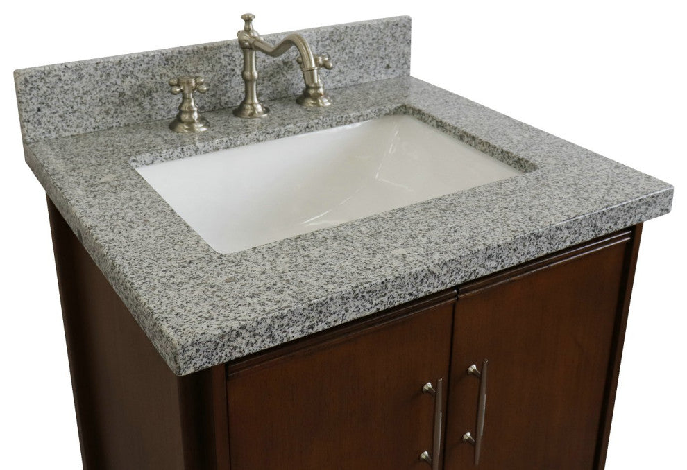 25" Single Sink Vanity, Walnut Finish With Gray Granite and Rectangle Sink