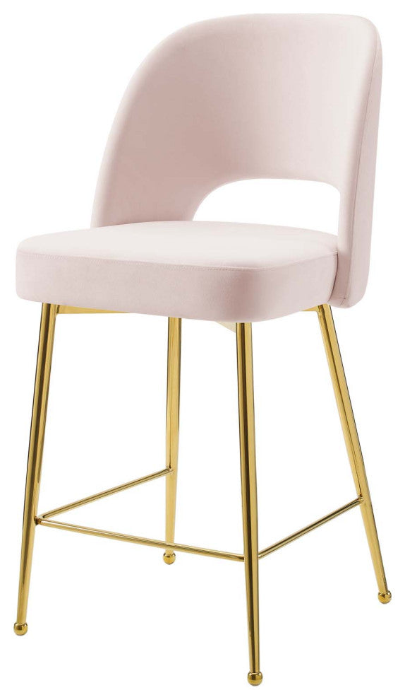 Counter Stool Chair, Velvet, Metal, Pink, Modern, Bar Pub Cafe Bistro Restaurant