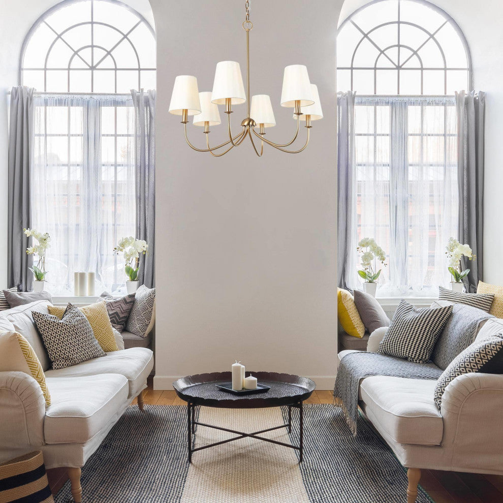 LNC 6-Lights Modern Polished White Candle Fabric Gold Chandelier