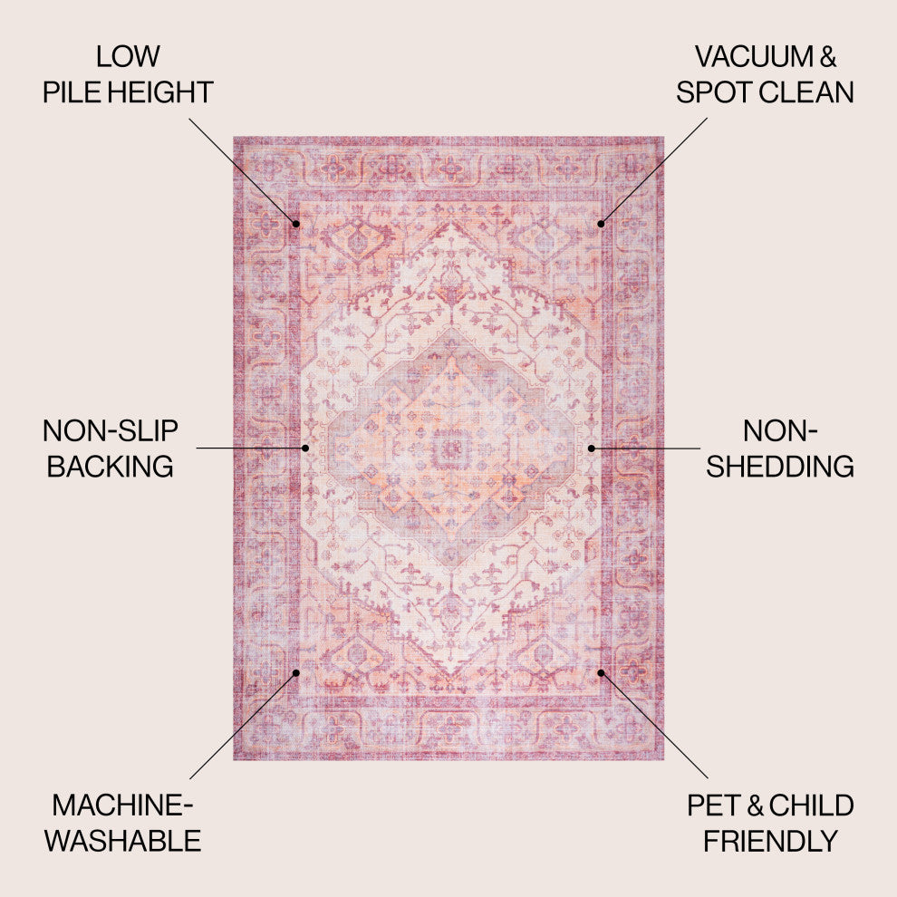 Ogee Medallion Machine Washable Indoor Area Rug, Red/Orange/Cream, 8 X 10