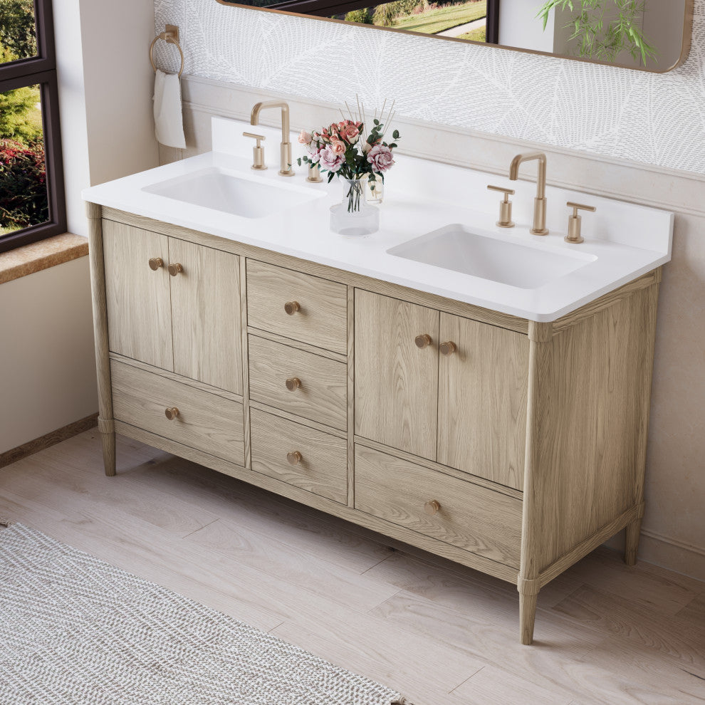 Solid Wood Bathroom Vanity with Carrara White Quartz Top in Oak, 60 Inch