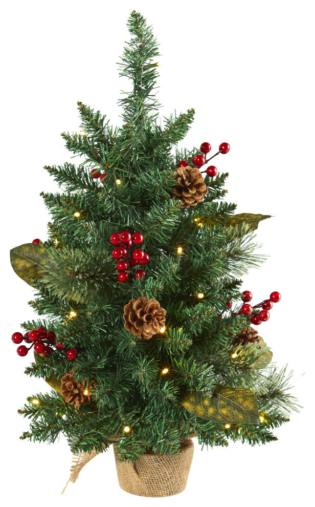2' Pine, Pinecone & Berries Faux Xmas Tree With 35 Lights & 86 Bendable Branches