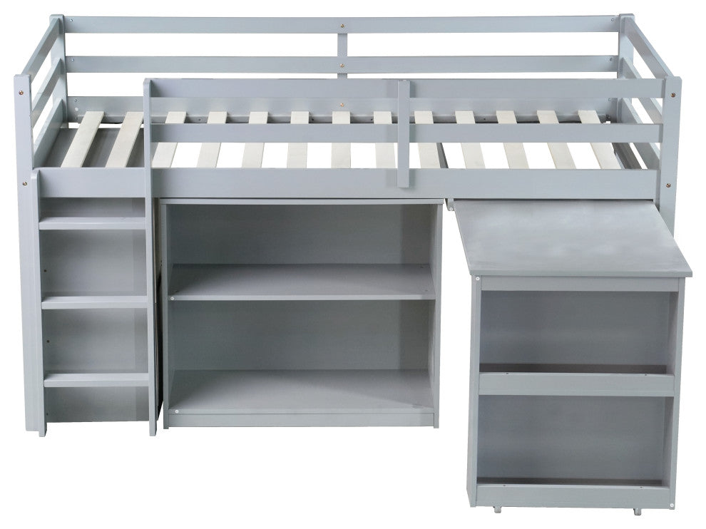 GDF Studio Wood Twin Loft Bed With Flexible Storage & Safety Guardrail, Gray
