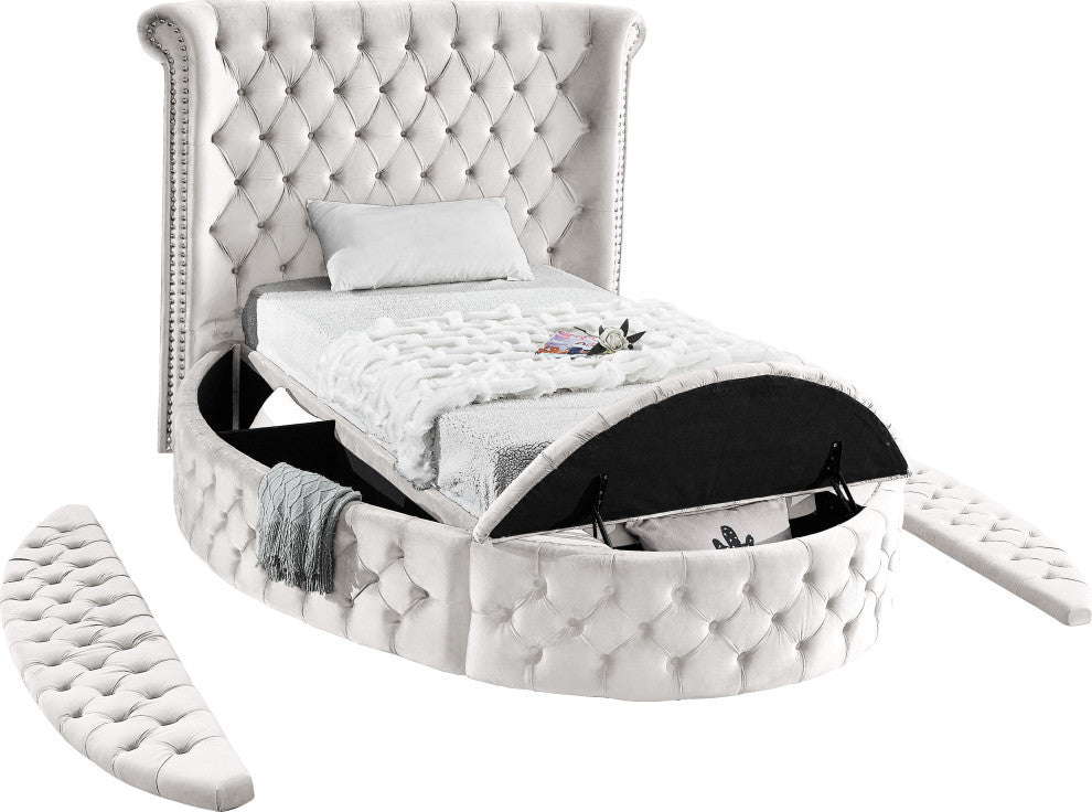 Luxus Button Tufted Velvet Round Bed, Cream, Twin