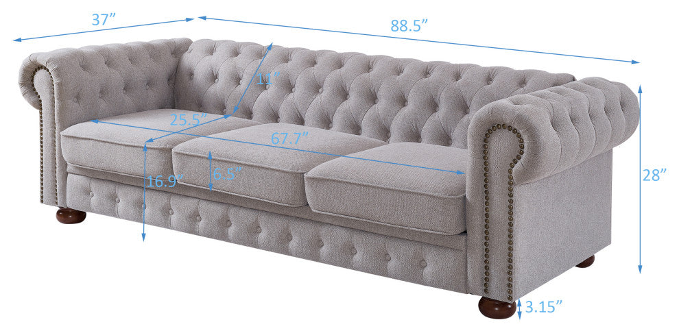 TATEUS linen fabric Chesterfield Large sofa Modern 3 Seater Couch Light Grey