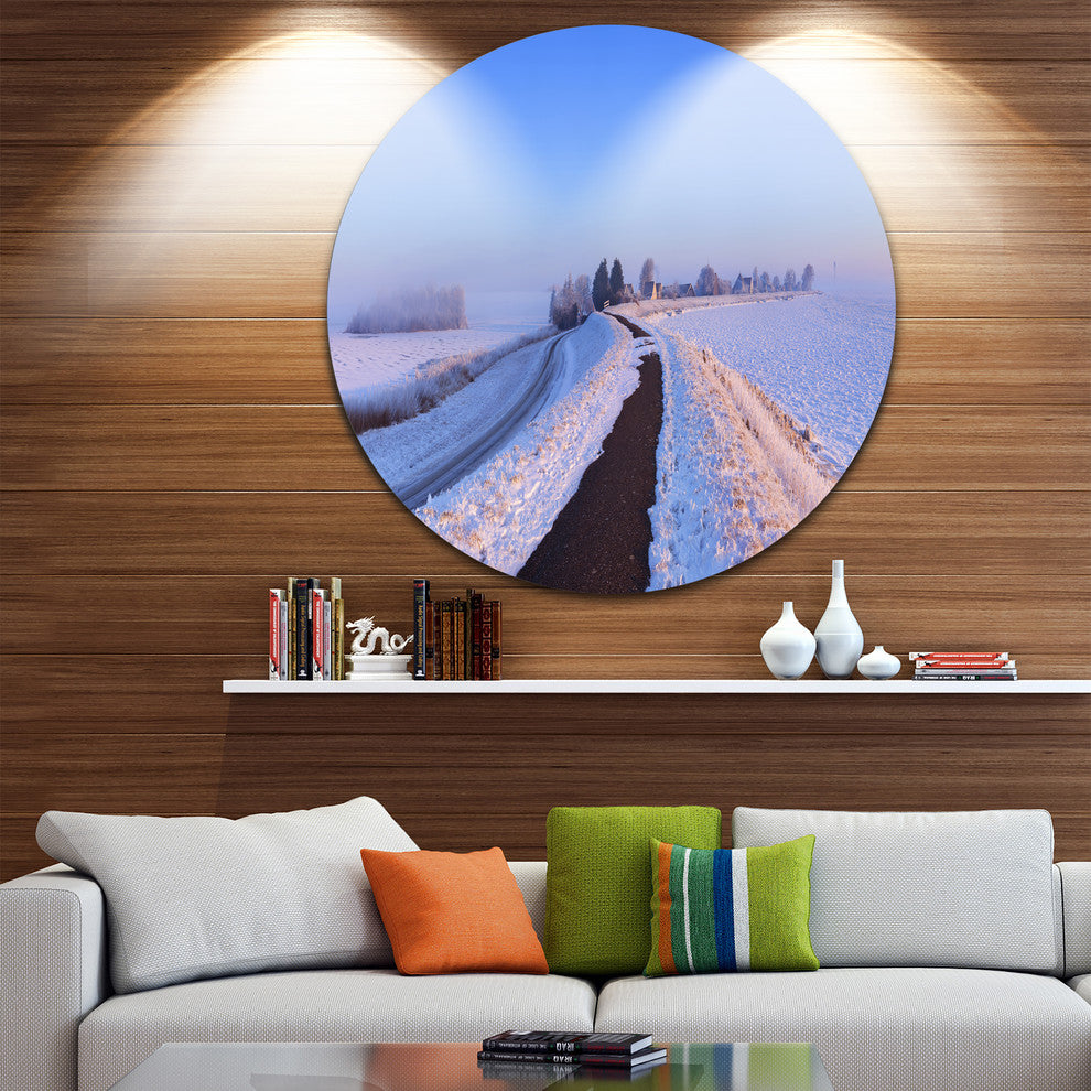 Lake And Dike At Sunrise Panorama, Landscape Disc Metal Wall Art, 23"