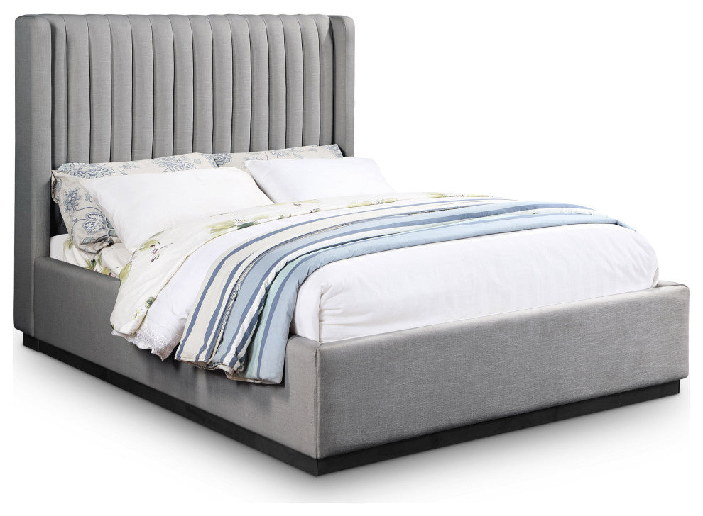 Logan Beige Linen Textured Fabric Twin Bed, Gray, Queen