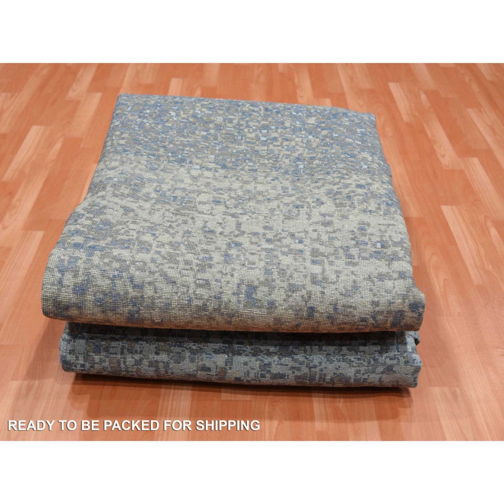 Denim Blue, Pure Silk and Wool, Modern Hand Knotted Oversized Rug, 12'0"x15'0"