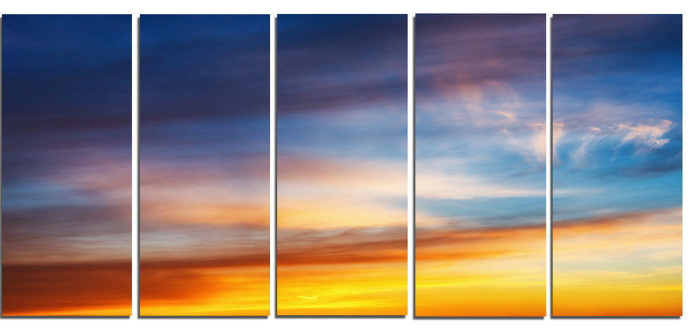Sunset Dramatic Yellow Sky Clouds, Seashore Canvas Print, 60"x28", 5 Panels