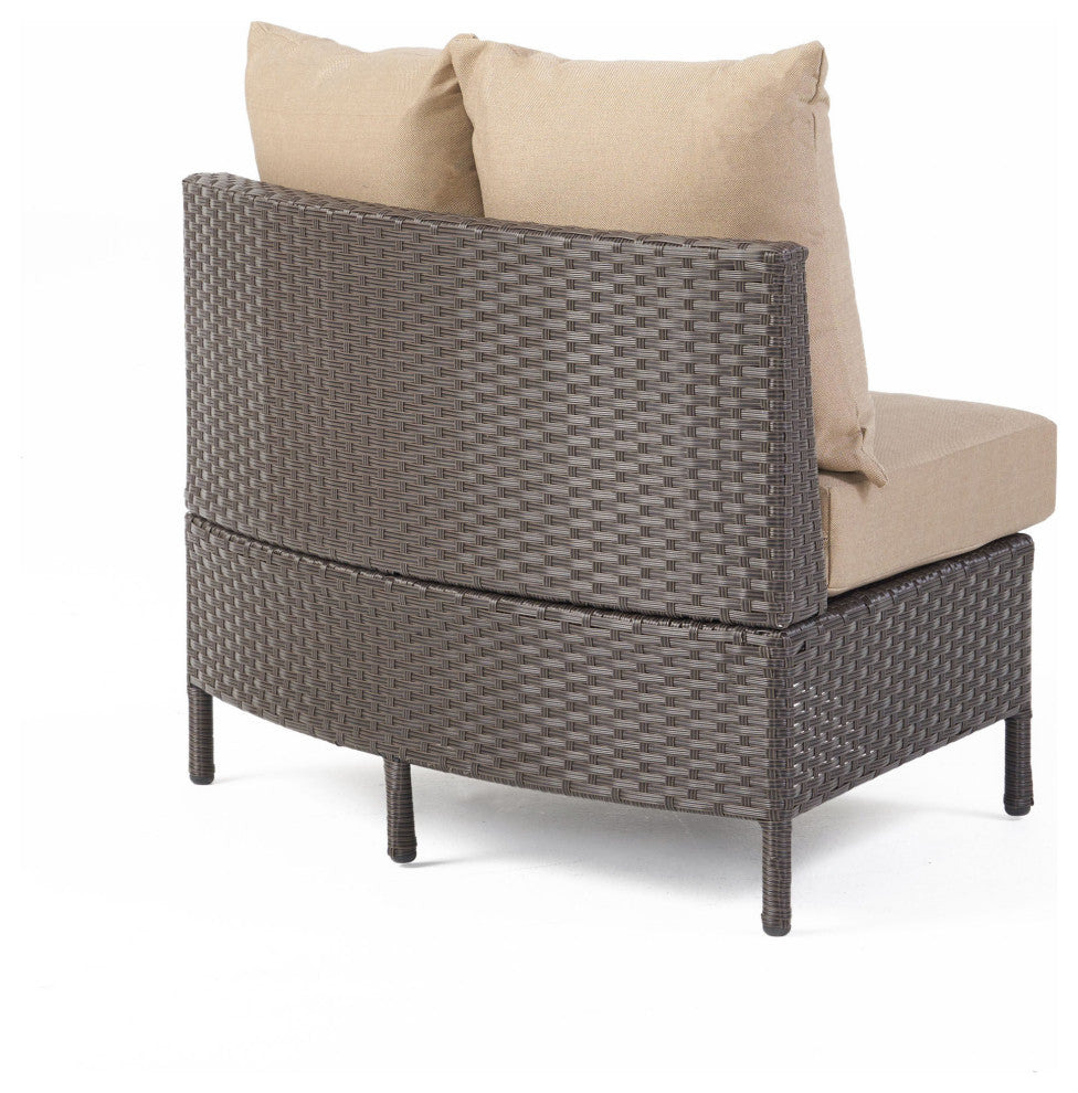Harper Outdoor Wicker Curved Loveseat Sectional With Cushions, Dark Brown/Beige