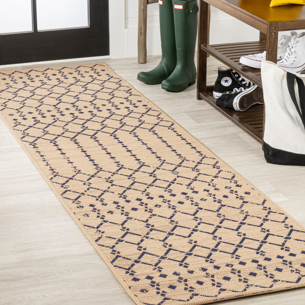 Ourika Moroccan Geometric Indoor/Outdoor Rug, Beige/Navy, 2x10
