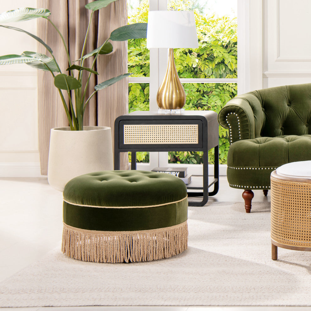 Yolanda 24" Upholstered Round Accent Ottoman, Olive Green Performance Velvet
