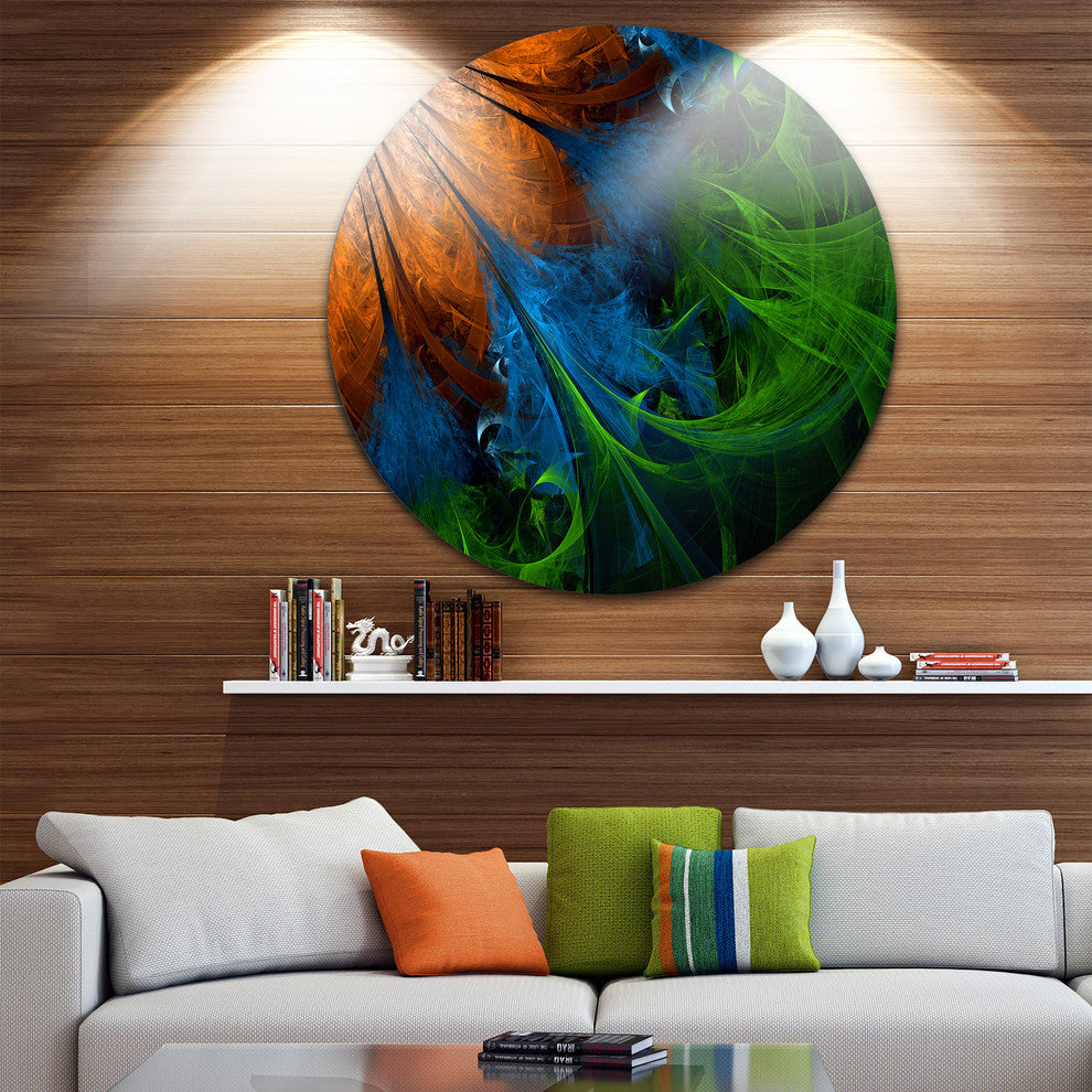 Fractal Flower Orange And Blue, Floral Digital Art Round Wall Art, 23"