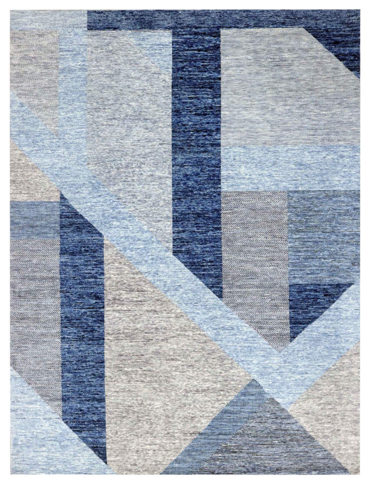 Beau Blue Geometric Art Nouveau Collection Soft Wool Hand Knotted Rug9'2"x11'10"