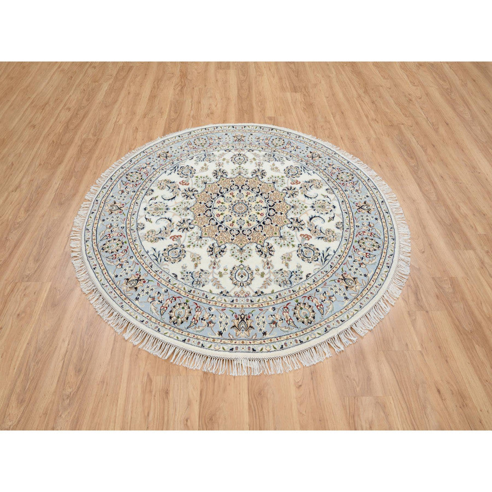 Ivory Nain With Flower Medallion Design Wool and Silk Hand Knotted Rug, 6'x6'