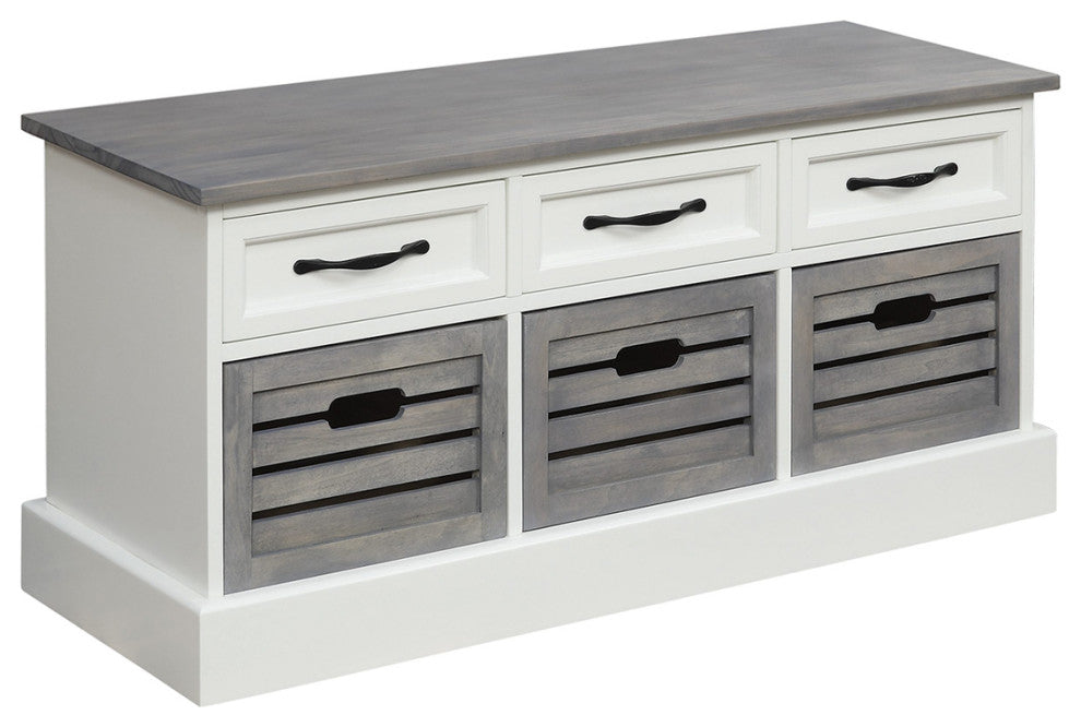Wood Storage Bench, White and Weathered Gray