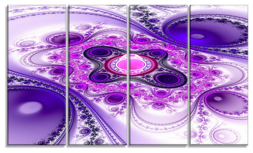 Purple Wavy Curves and Circles, Abstract Canvas Art Print, 48"x28", 4 Panels