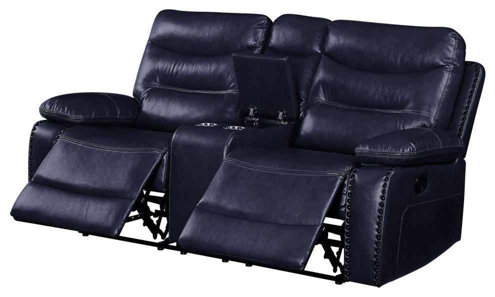 Benzara BM251076 Motion Loveseat, Leather Upholstery and Tufted Seat, Navy Blue