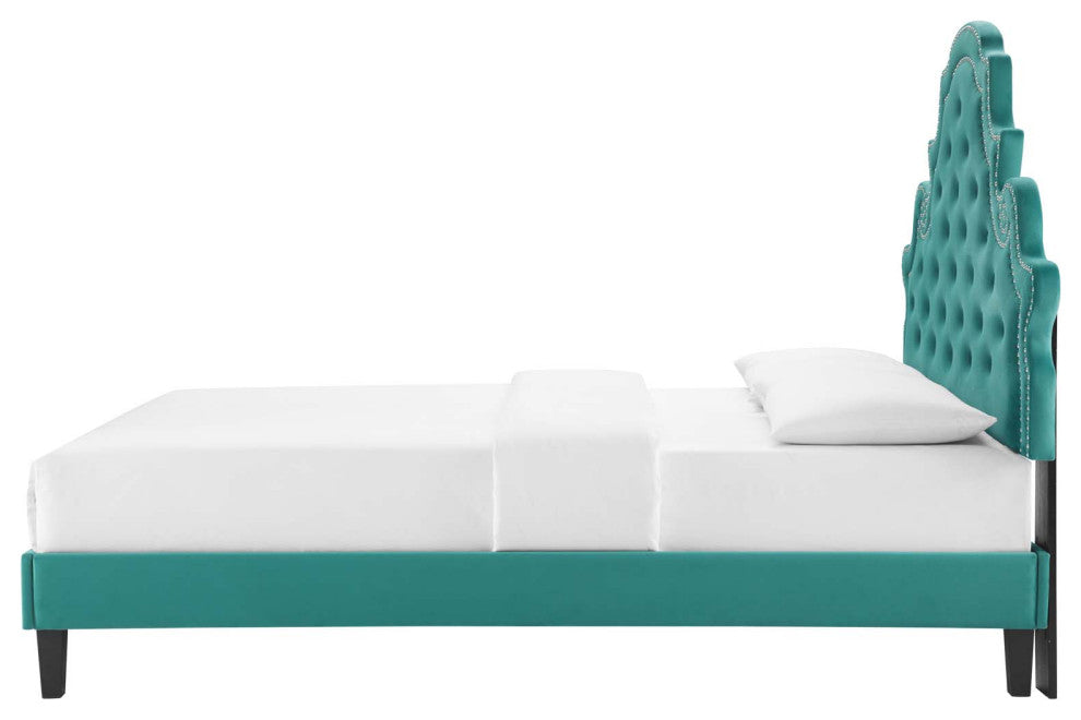 Tufted Platform Bed Frame, Full Size, Velvet, Teal Blue, Modern Contemporary