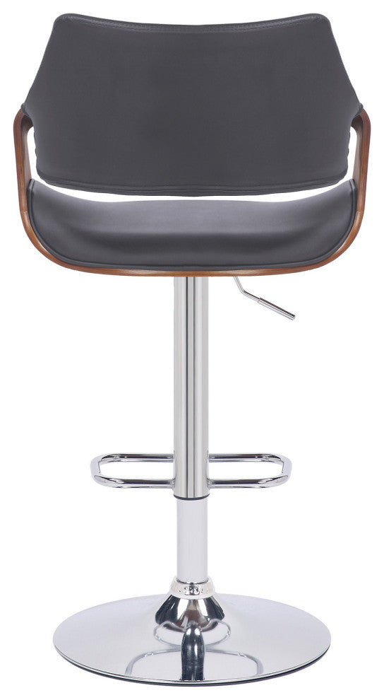 Gray Faux Leather and Walnut Wood and Chrome Swivel Adjustable Bar Stool