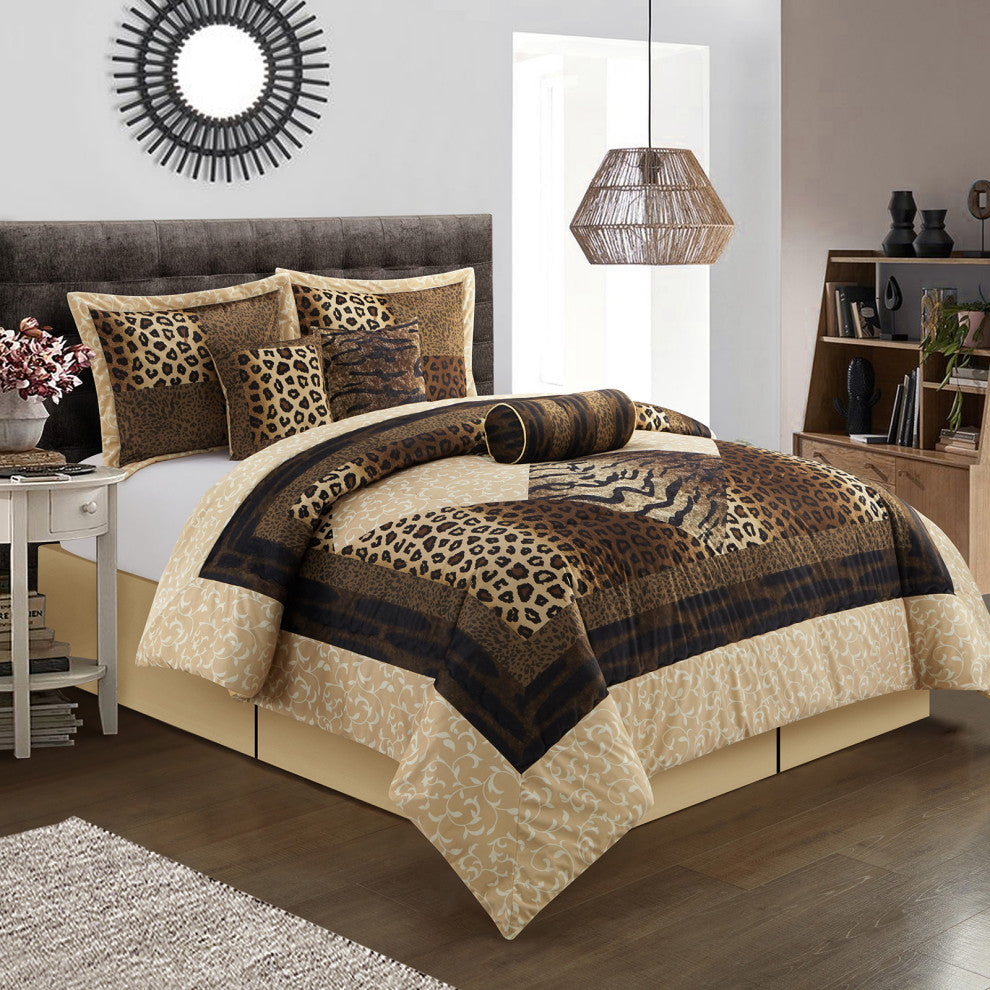 Tucson Leopard Print 7-Piece Bedding Comforter Set, Brown, Queen