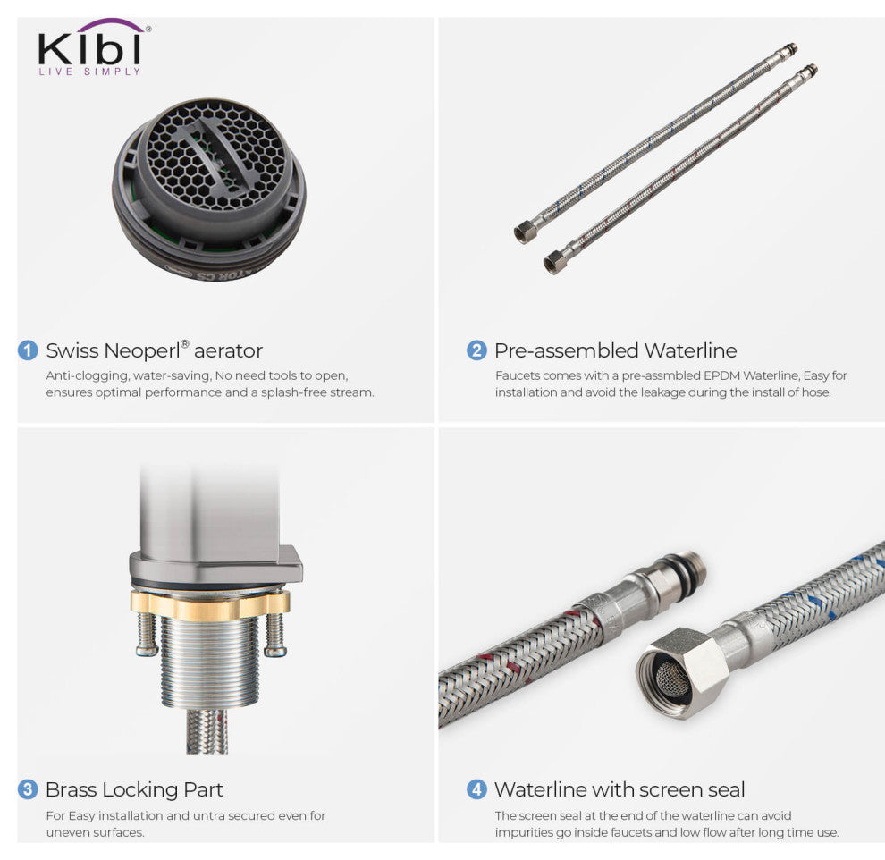 KIBI Mirage Single Handle Bathroom Faucet, Brush Nickel, With Drain