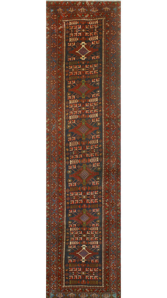 Fine Vintage Distressed Saeger Navy/Red Runner, 3'5x14'6