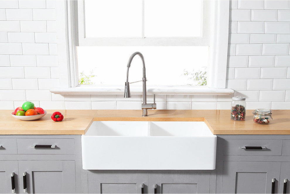 Gourmetier Double Bowl Farmhouse Kitchen Sink, Matte White