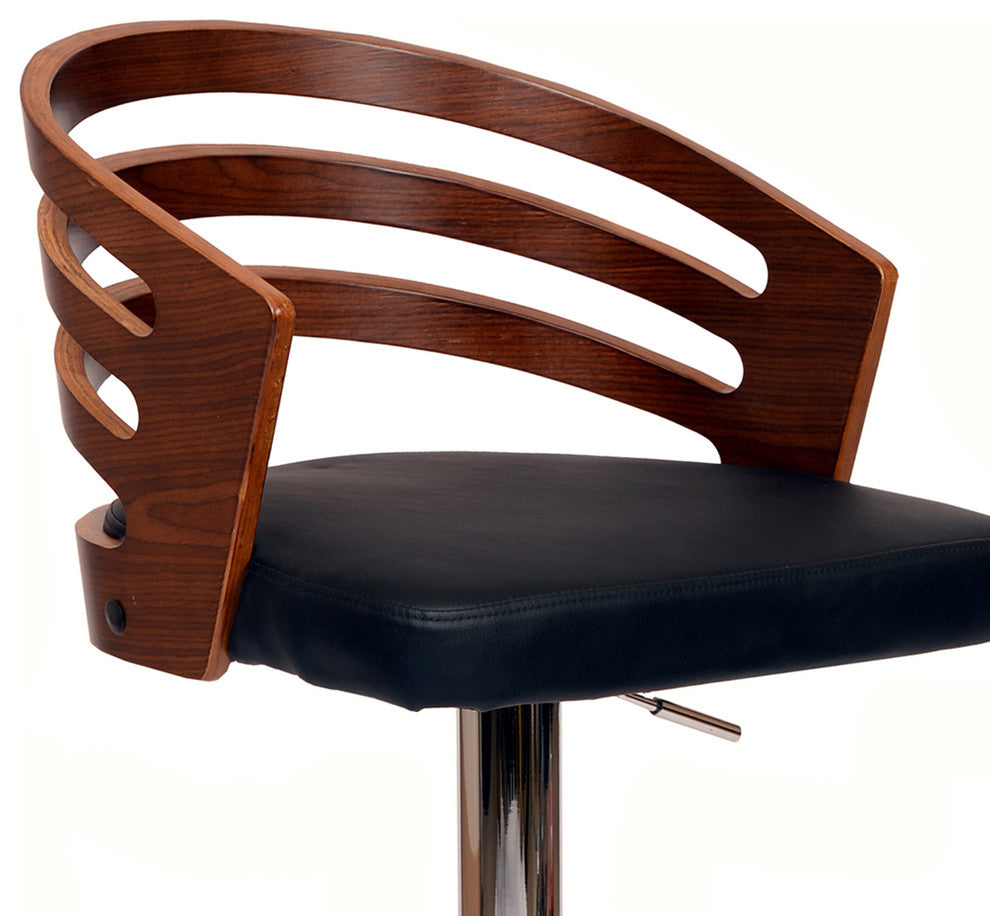 Suljic Swivel Barstool, Black PU/Walnut Veneer and Chrome Base