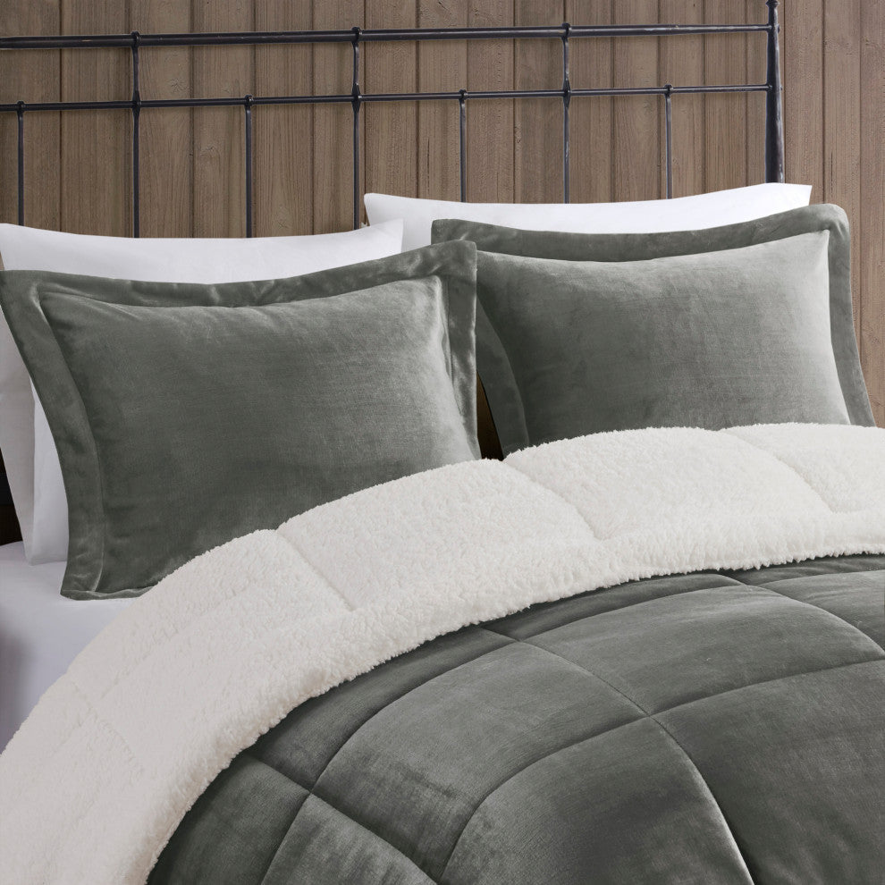 Woolrich Alton Plush to Sherpa Winter Comforter Set, Grey, King