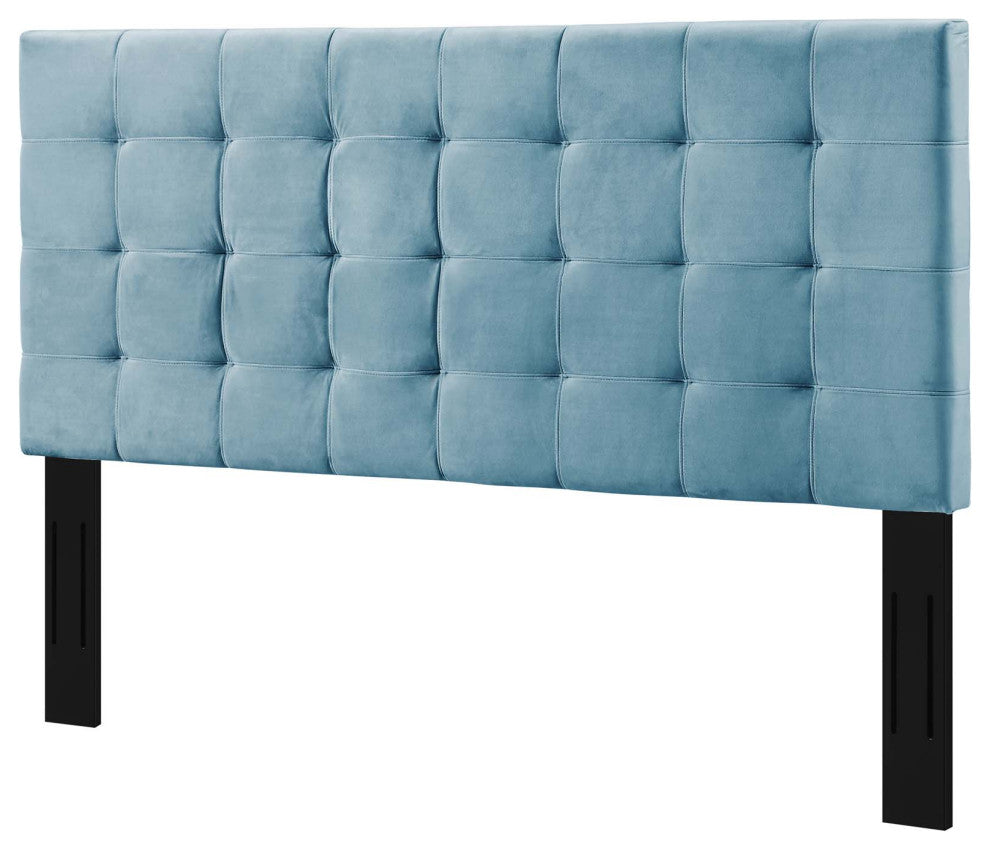 Contemporary Modern Full and Queen Size Tufted Headboard, Velvet Fabric, Blue