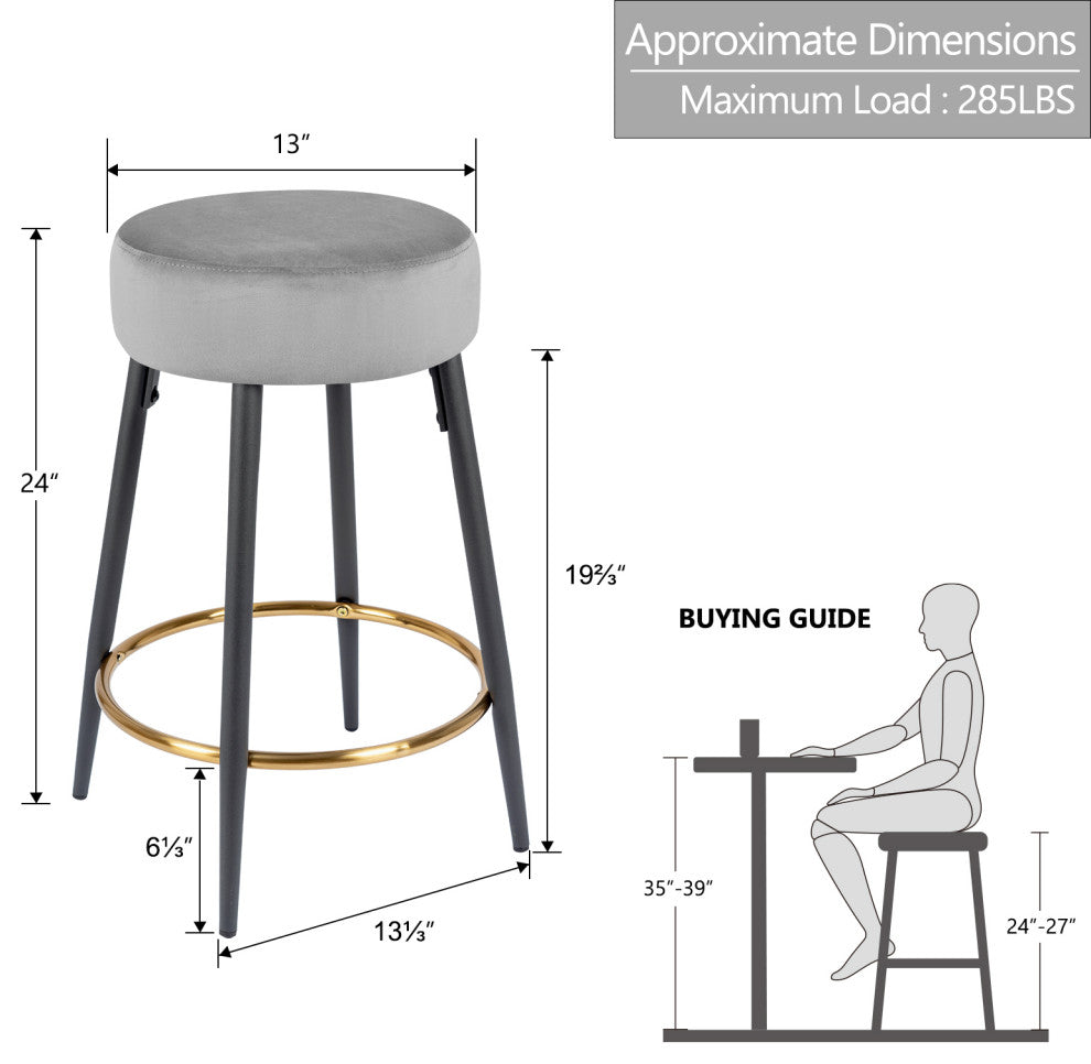 Minimalist Round Bar Stools, Grey Velvet - 2 Pcs, 24 Inch