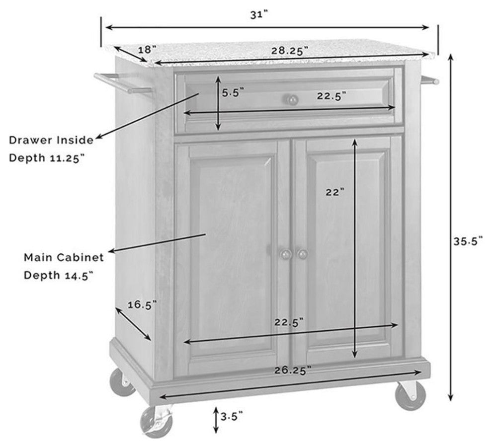 Pemberly Row Solid Granite Top Kitchen Cart in Black