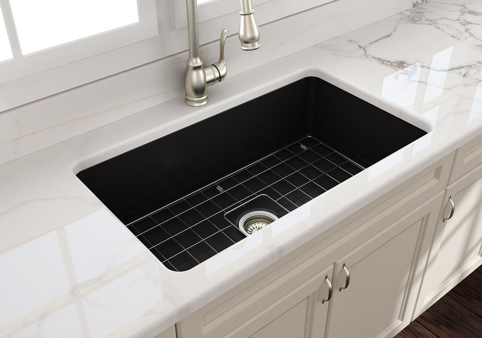 Bocchi Sotto 32 Matte Black Fireclay Single Bowl Undermount Kitchen Sink W/ Grid