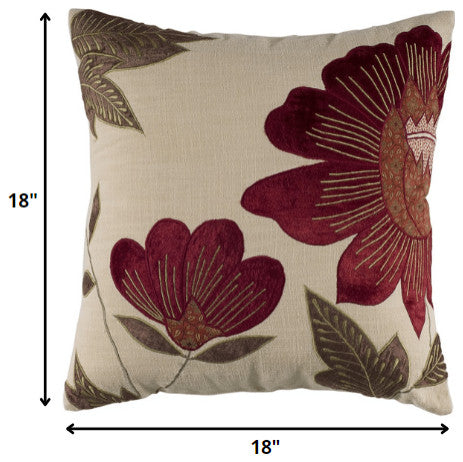 Red Beige Floral Down Filled Throw Pillow