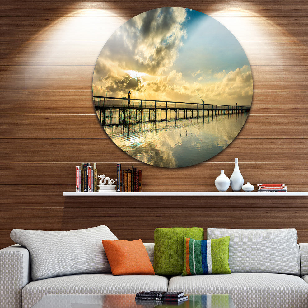 Long Jetty Foreshore Reserve With Clouds, Circle Metal Wall Art, 11"