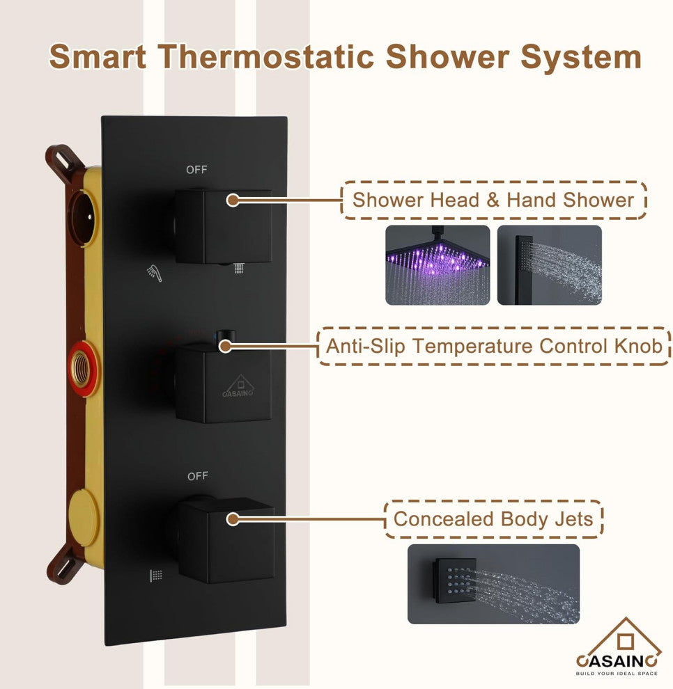 CASAINC 12" Ceiling Mounted Luxury LED Shower Head Handheld Spray, Matte Black