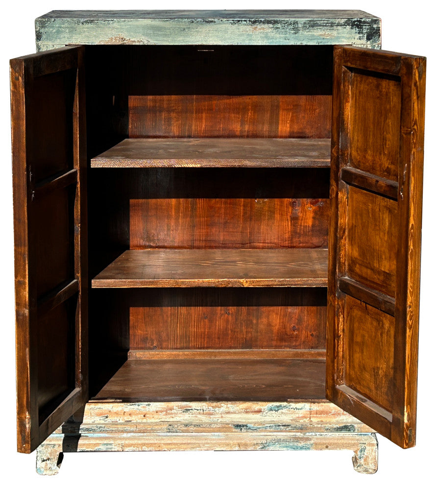 Distressed Teal Blue Marks Moon Face Slim Credenza Side Cabinet Hws4392