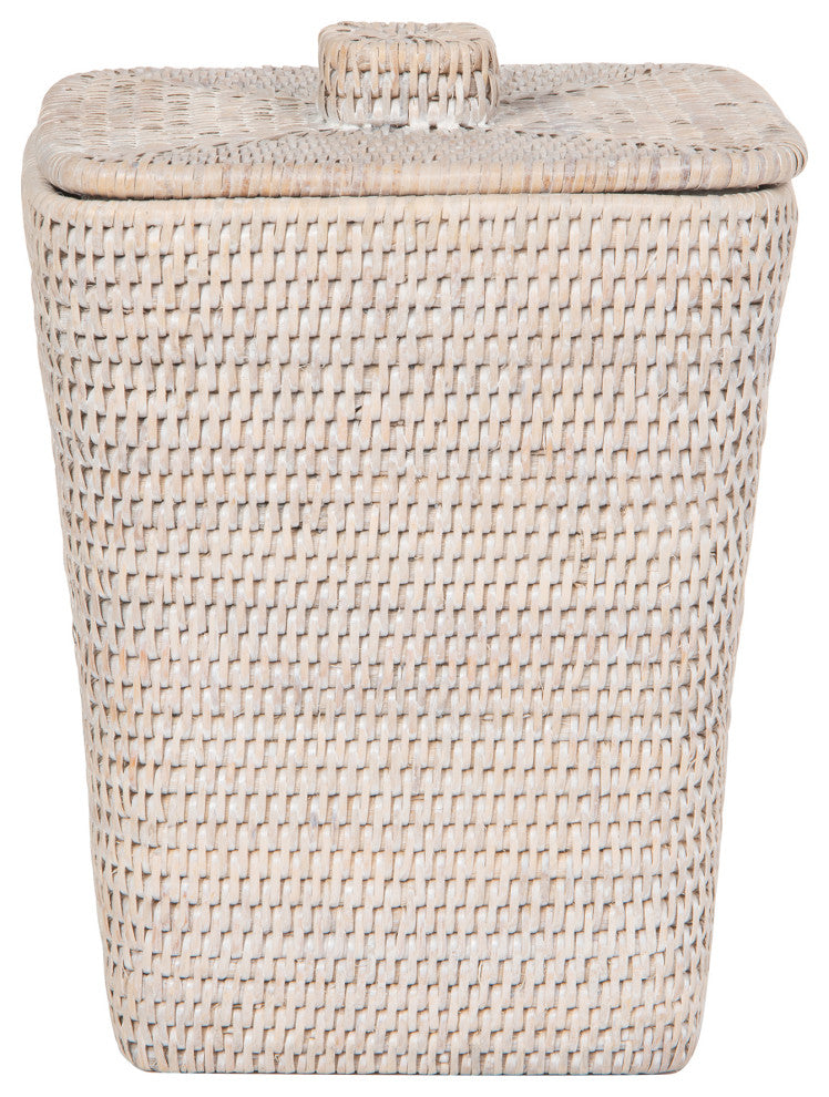 Rattan Square Waste Basket, Lid, Plastic Insert, White-Wash