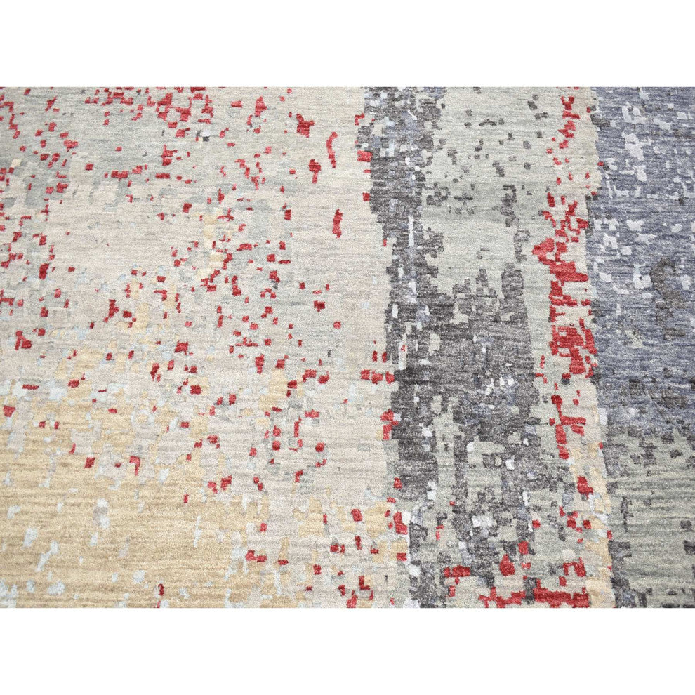 Platinum Gray Abstract Design Denser Weave Pure Wool Hand Knotted Rug 10'x14'2"